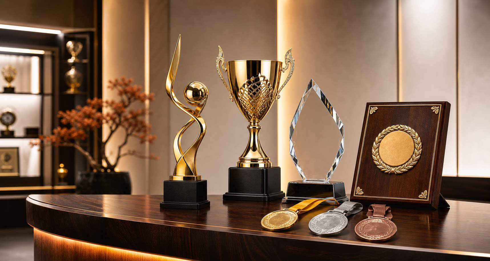 Premium trophies, crystal awards, plaques and medals on a showroom table